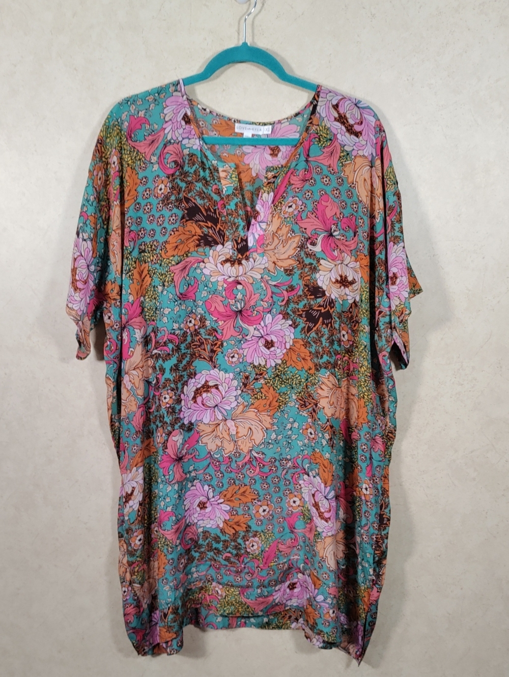 I132 Love Kyla Teal & Lavender S/S Floral Tunic XL